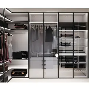 Helder Gehard Glazen Schuifdeur Slaapkamer Garderobe Moderne Ontwerp Walk In Closet Met Garderobe Organizer