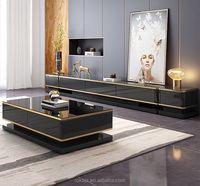 Meubles de salon Offres Spéciales long meuble TV conçoit des armoires en verre trempé noir blanc ascenseur TV avec ensemble de tables basses latérales
