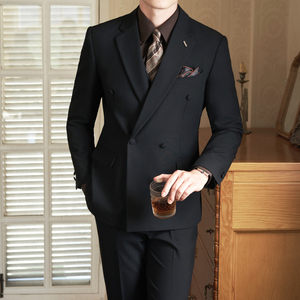 Ensemble de <span class=keywords><strong>costume</strong></span> <span class=keywords><strong>homme</strong></span> croisé sur mesure, style britannique, résistant aux plis, coupe ajustée, couleur unie, <span class=keywords><strong>pour</strong></span> affaires et occasions décontractées - Product Image 2