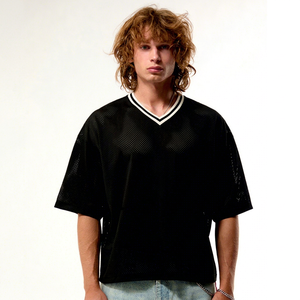 Drop Shoulder Men's Black Mesh <b>Turtleneck</b> Oversized Short Sleeve T-Shirt Breathable Street Style Pattern 100% Cotton Knitted - Product Image 1