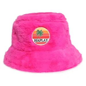 여성용 맞춤형 고무 패치 겨울 모피 버킷 모자 따뜻한 모자 넓은 챙 부드러운 가짜 모피 어부 모자