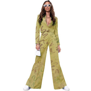 Solid Color Short Long Sleeve High Waisted Wide Leg Pants Women's Suit 2 Piece <b>Set</b> Fashion - Product Image 3