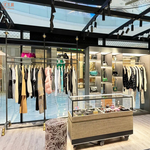 Thép không gỉ quần áo hiển thị tùy chỉnh chất lượng cao kim loại và gỗ sồi Móc Quần Áo Giá Kính trang sức Showcase thiết kế - Product Image 1