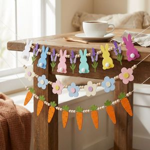 Guirnalda de Fieltro con Diseño de Conejito de Pascua y Cuentas de Madera, Reutilizable, para Decoración de Chimenea y Pared del Hogar, Fondo para Fotos - Product Image 3
