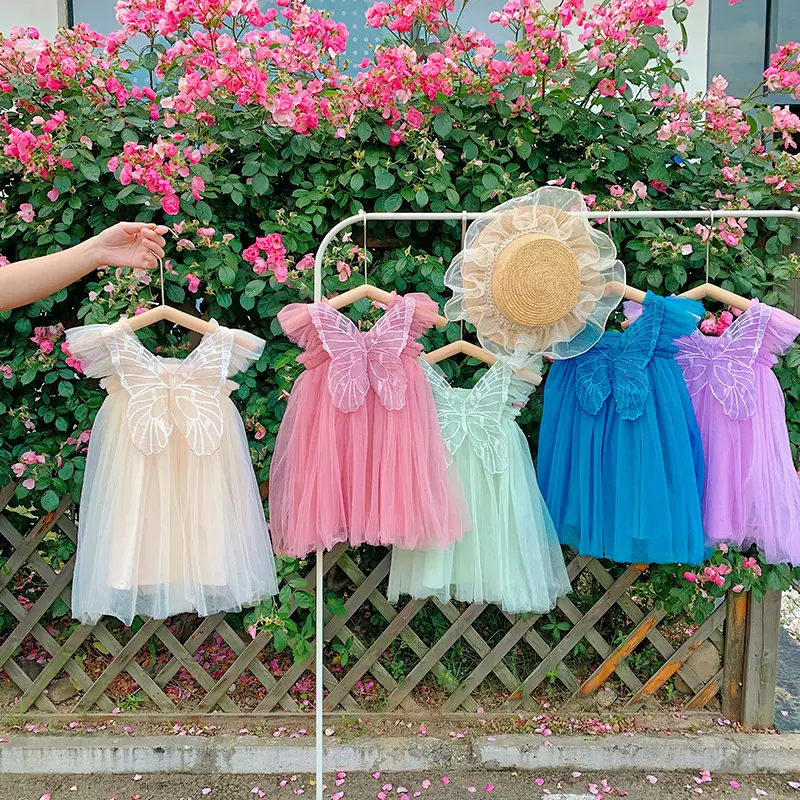 Vestido de verano de malla con alas de mariposa para niñas, para bebés de 1 a 5 años, bonito vestido de princesa de cumpleaños