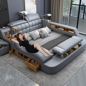 Lit de massage intelligent avec rangement, cadre en bois de pin, revêtement en similicuir, écologique, salon moderne et simple, <span class=keywords><strong>Queen</strong></span>/King, 3 tiroirs - Product Image 1