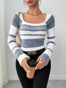 Женский облегающий свитер с квадратным вырезом, однотонный, повседневный, дышащий, зимний, плоский трикотаж, с логотипом спереди, из полиэстера - Product Image 6