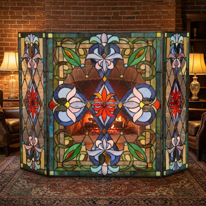 Stained Glass Fireplace <b>Screen</b> 3 <b>Panels</b> Floral Design Traditional <b>Decor</b> Blue Color Rectangle Shape Artistic <b>Decoration</b> 100*70CM - Product Image 2