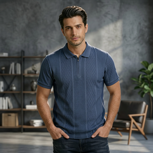 Men's Blue Yarn Dyed Knitted Heavyweight Short Sleeve for <b>Shirt</b> Regular Fit Casual Solid Color <b>Zip</b> Front Design - Product Image 4