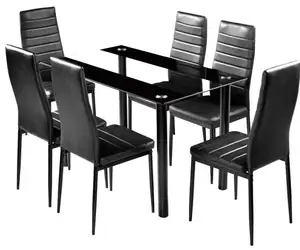 China Factory Sale Modern Design Dining Room Furniture Black Tempered Glass Top Tables And Chairs Cheap Dining Table Set