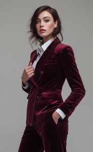 Ensemble pantalon et blazer de luxe en velours bordeaux pour femme, blazer élégant à double boutonnage avec pantalon slim, tenue de créateur - Product Image 5