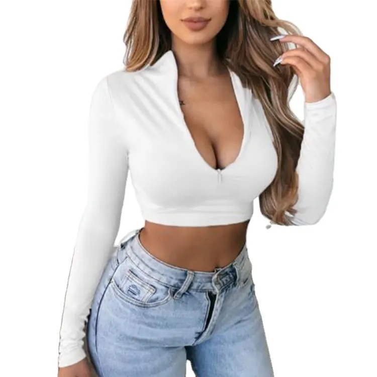 Wholesale Crop Plain V Neck Half Zip Top Shirt Long Sleeve For Woman