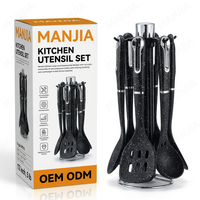 OEM ODM Ensemble de 7 ustensiles de cuisine en silicone de qualité alimentaire, noirs, résistants à la chaleur, antiadhésifs, avec support rotatif noir
