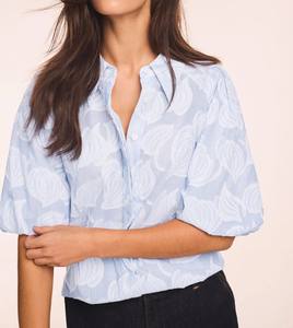 Blue Cotton Jacquard Solid & Floral Print Bubble Sleeve Turn-<b>down</b> Collar Elegant Women's Blouse Anti-Pilling Washable - Product Image 4