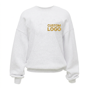 <b>Women's</b> Long Printed <b>White</b> Crew Neck <b>Sweatshirt</b> 100% Cotton Fleece Drop-Shoulder Solid Color Breathable Winter Wear - Product Image 1