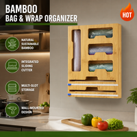 Organisateur mural multi-fentes pour sacs Ziploc et film alimentaire en bambou de qualité supérieure avec coupe-sac intégré pour l'organisation de la cuisine