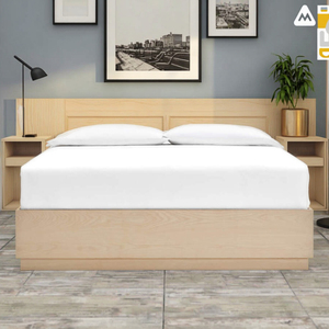 Lit double moderne finition noyer chêne, tailles King et Queen, design sans tête <span class=keywords><strong>de</strong></span> lit avec panneaux à lattes, pour chambre, hôtel, appartements, avec rangement - Product Image 1