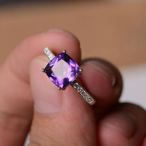 February Birthstone 925 <b>Sterling</b> <b>Silver</b> High Quality Natural Amethyst Ring Cushion Cut Fashionable Dainty Engagement Ring - Product Image 2