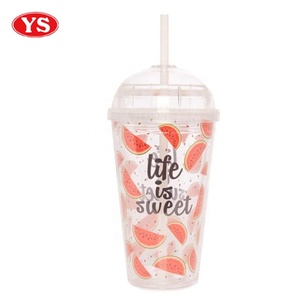 Custom Promotional Bpa Free 16oz. Double Wall Plastic Tumbler with Domed Lid and Straw