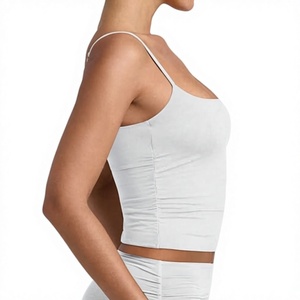 <b>Women's</b> Solid <b>White</b> Scoop Neck Ruched Knitted <b>Tank</b> <b>Top</b> Breathable Minimalist Style Short Length Spandex Cotton Blend - Product Image 3
