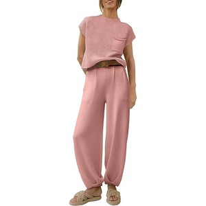 Women's <b>Sweater</b> <b>Set</b> Solid Color Pocket Design Drawstring Leg Two Piece Casual Suit Europe And America Style - Product Image 2