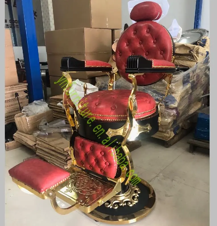 2018 Latest European Style Cast Iron Heavy Duty 90kgs Gold and Red Barber chair Swivel Chair 5 Years Warranty