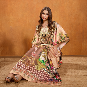 Wholesale Designer Turkish Style <b>Kaftan</b> Kurta Women Polyester Handmade Batwing Sleeves V Neck Regular Fit Flared Hem Breathable - Product Image 1