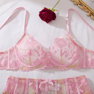 Ensemble de lingerie rose brodé de fleurs avec porte-jarretelles à nœud et <span class=keywords><strong>bas</strong></span>, lingerie sculptante sexy pour femme, style Pure Desire, cadeau romantique - Product Image 2