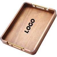 Plateau de service rectangulaire grand format en bois d'acacia de qualité supérieure avec poignées en métal doré pour la décoration de table basse ou d'ottoman dans le salon