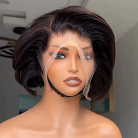 Perruques Courtes Ondulées Pixie Cut Sans Colle en Cheveux Humains, Coupe Droite, Bob Dégradé, Perruques Full Lace pour Femmes Noires
