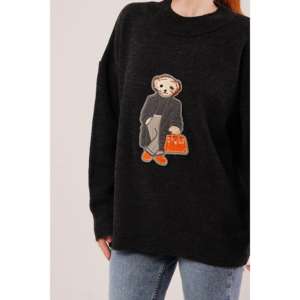 Suéter de punto negro al por mayor para mujer, manga larga, informal, con característica antipilling - Product Image 3