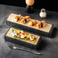 Vaisselle de gastronomie moléculaire pour restaurant japonais, assiettes à sushi rectangulaires noires créatives, plateau de service pour saumon et fruits de mer avec glace sèche