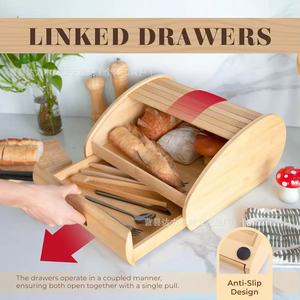 Bread <b>Box</b> Wooden <b>Storage</b> Container With <b>Drawer</b> Kitchen Bread Keeper Freshness Preservation Rectangle Shape - Product Image 2