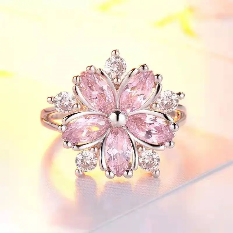 Light Luxury Romantic Full Zircon Diamond Flower Ring Pink Rose Zircon Wedding Ring Copper Material Flower Earring For Women