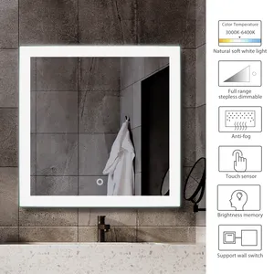 42 "광장 방수 현대 Espejos Luz 터치 스위치 안티 안개 Dimmable 스마트 욕실 벽 거울 Led 목욕 거울