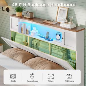 Cadre de lit en bois blanc moderne sur mesure, taille standard, avec tête de lit bibliothèque, lumières LED, station de recharge, 4 tiroirs de rangement - Product Image 3