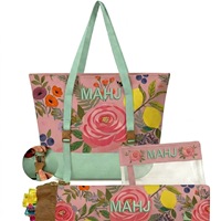 Set de Bolsas de Almacenamiento para Mahjong con Diseño Floral y Frutal, Base Verde Menta, Hebillas de Latón, Ilustraciones de Rosas y Limones, Bolsa Transparente para Accesorios, MAHJ