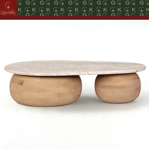 Mesa <span class=keywords><strong>de</strong></span> Centro Escandinava GOLDKING <span class=keywords><strong>de</strong></span> Travertino con Base <span class=keywords><strong>de</strong></span> Madera y Orificios Naturales, OEM ODM Directo - Product Image 2