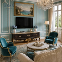 Console multimédia Rocaille Noir dorée à trois tiroirs |   Meuble TV de luxe de style baroque avec dessus en marbre