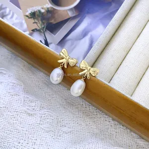 14K Solid Gold AU585 Bow Pearl Stud Earrings Fine Jewelry Earrings Jewelry Women