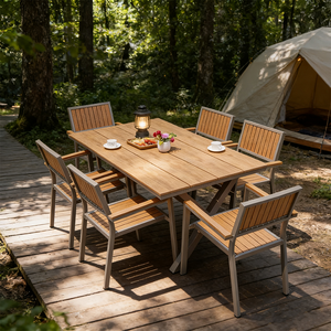 Set Tavolo da Pranzo per Esterni Tavolo Lungo <span class=keywords><strong>con</strong></span> Struttura <span class=keywords><strong>in</strong></span> Alluminio e Legno Sintetico Arredamento da Giardino per Ristoranti e Hotel - Product Image 5