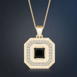 Pendentif de mariage de luxe en or 10K 14K 18K plaqué rhodium ou en argent 925 935 pour homme, avec diamant noir naturel taille Asscher et halo central - Product Image 1
