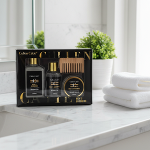 Ensemble de soins pour homme comprenant un <span class=keywords><strong>baume</strong></span> à raser, une huile à barbe, un shampoing et une brosse, en coffret cadeau, spécialement conçu pour les hommes - Product Image 1
