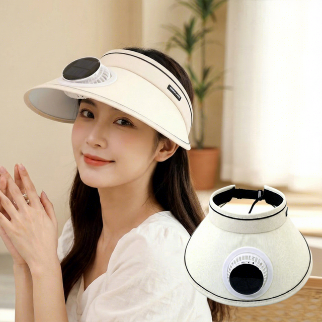 Summer Outdoor Solar-Powered USB-Rechargeable Adjustable Dual-Function Silk Screen Printed 100% Polyester Hat Fan Open-Top Sun