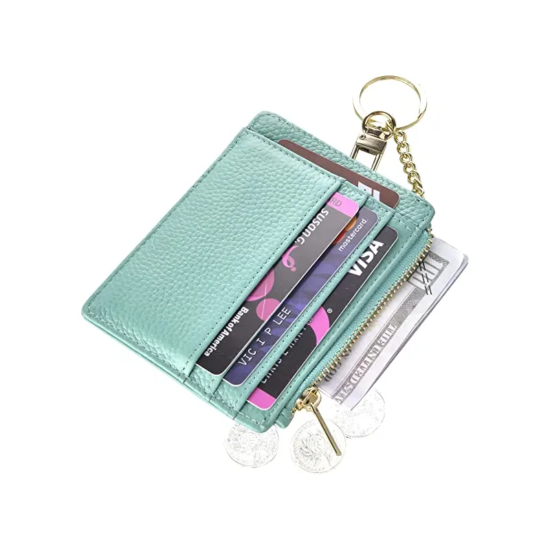 Custom Key Card Holder Leather Zip Coin Pocket ID Window Credit Card Holder With Key Ring