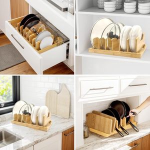 Étagère à vaisselle en bambou avec support pour couvercles, pour organiser les casseroles, les poêles, les assiettes et les couvercles sur le comptoir de cuisine, type rectangulaire sur pied - Product Image 3