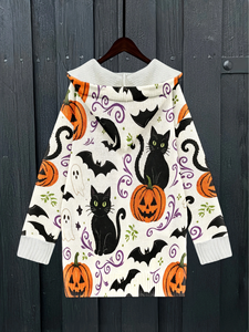 Cardigan à capuche boutonné pour <span class=keywords><strong>femme</strong></span>, imprimé chat noir, citrouille et chauve-souris, style décontracté pour le quotidien et les fêtes, personnalisable - Product Image 2