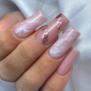 <span class=keywords><strong>Uñas</strong></span> Postizas Acrílicas Hechas a Mano, Estilo Minimalista <span class=keywords><strong>con</strong></span> Lámina Dorada <span class=keywords><strong>Rosa</strong></span>, <span class=keywords><strong>Uñas</strong></span> Postizas Largas y Cuadradas <span class=keywords><strong>con</strong></span> Base Degradada en <span class=keywords><strong>Rosa</strong></span> Nude y <span class=keywords><strong>Blanco</strong></span> - Product Image 2