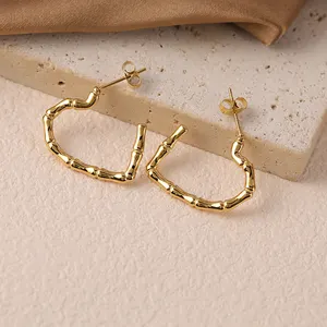 Wholesale Earrings Bulk 18k PVD Gold Plated Stainless Steel Chunky Fashion Heart Shaped CC Bamboo Stud Earrings For Women Girls