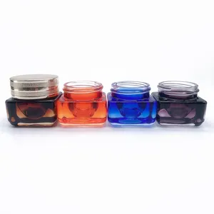 Botol Kaca Krim Mata Biru Amber Bening, 15Ml 15G 0.5Oz Bentuk Persegi dengan Topi Aluminium